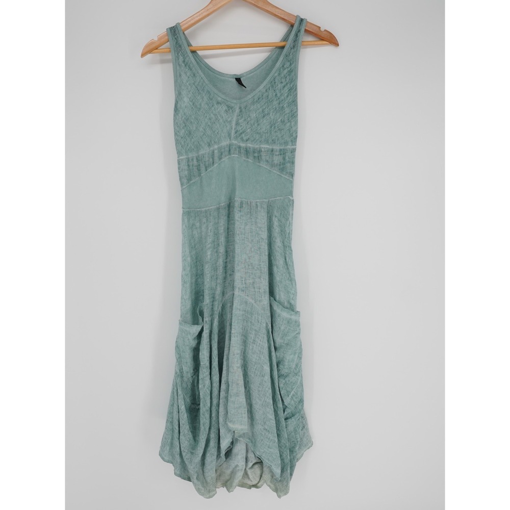 Inizio Linen Midi Dress Womens M Green Asymmetrical Lagenlook Coastal Italy